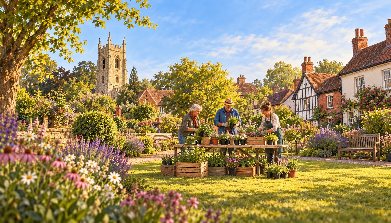 Artist's impression of Worcester residents helping at a community table