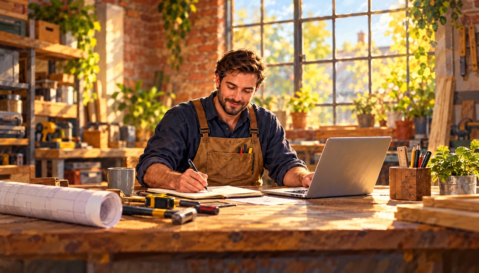 Artist's impression of a Worcester business owner preparing a listing at a desk