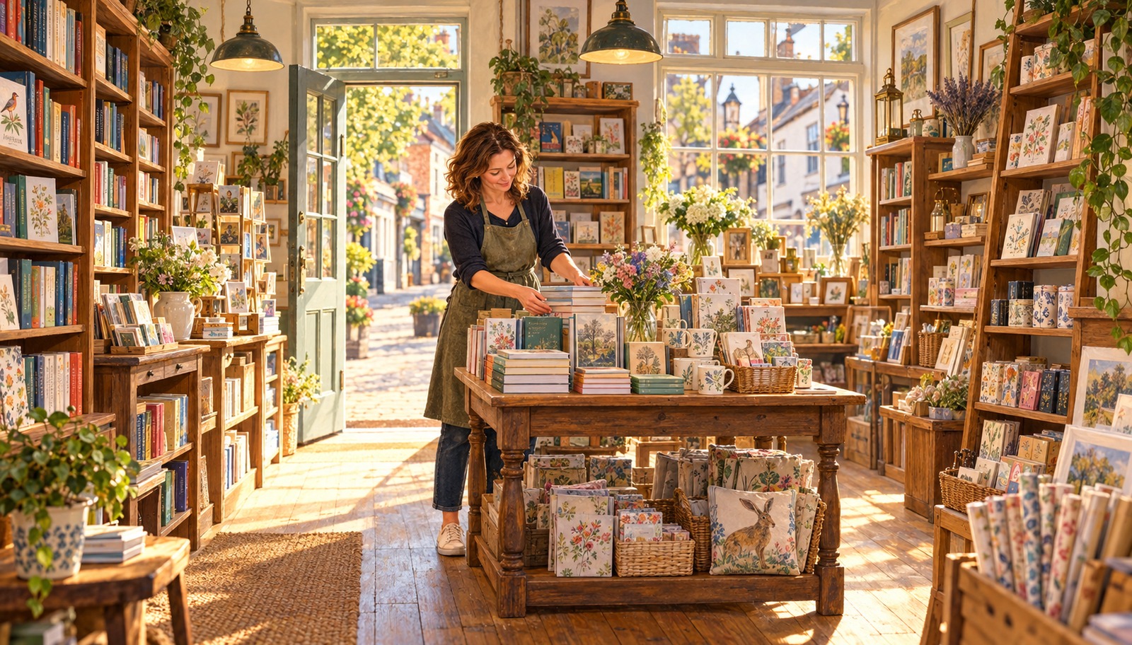 Artist's impression of a Worcester independent shopkeeper arranging books and gifts