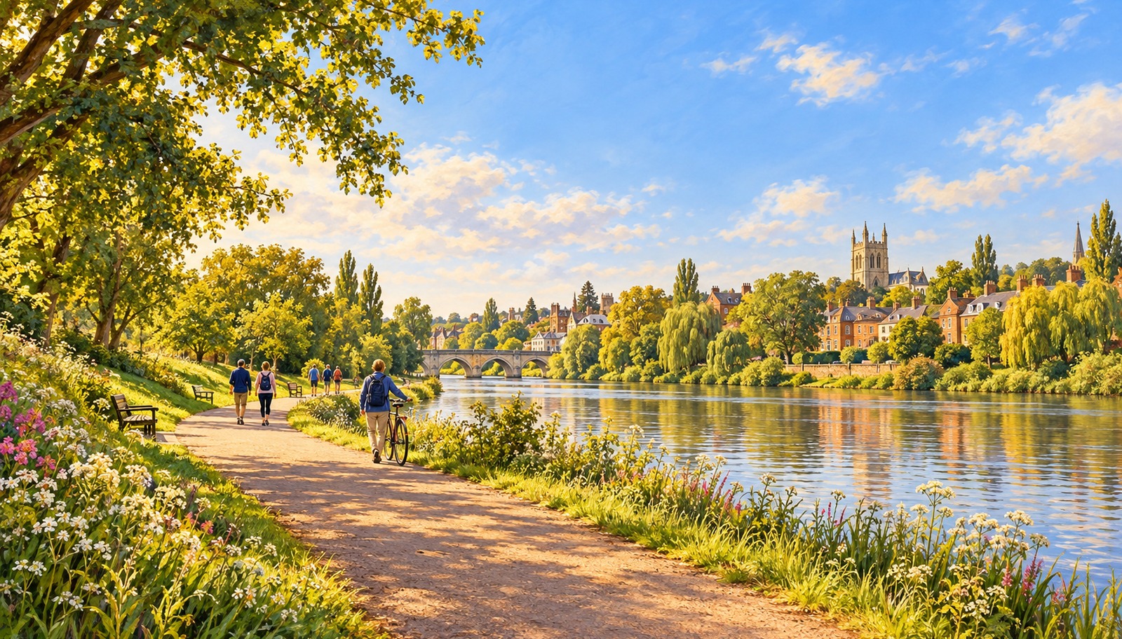 Artist's impression of people enjoying a Worcester riverside path